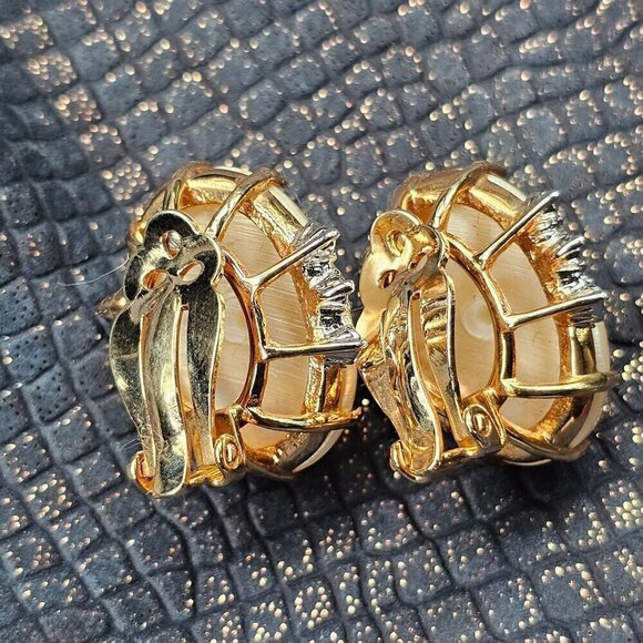 Vintage Gold Tone Clip-On Very Large Faux Pearl Earrings With Rhinestone Accents - Picture 7 of 10
